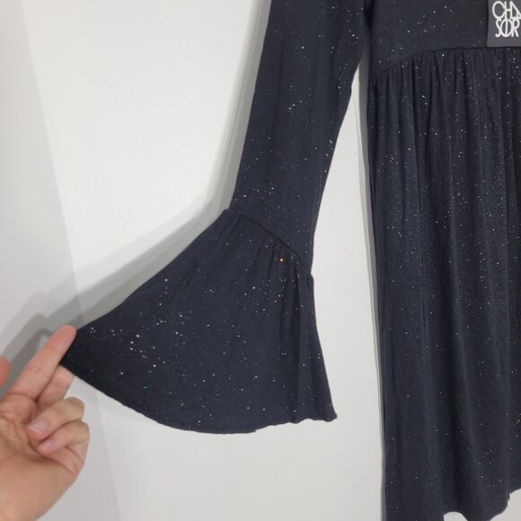 Chaser NEW Women's Black Long Bell Sleeves Sparkle V-neck Shift Dress Sz S NWT - Picture 7 of 11